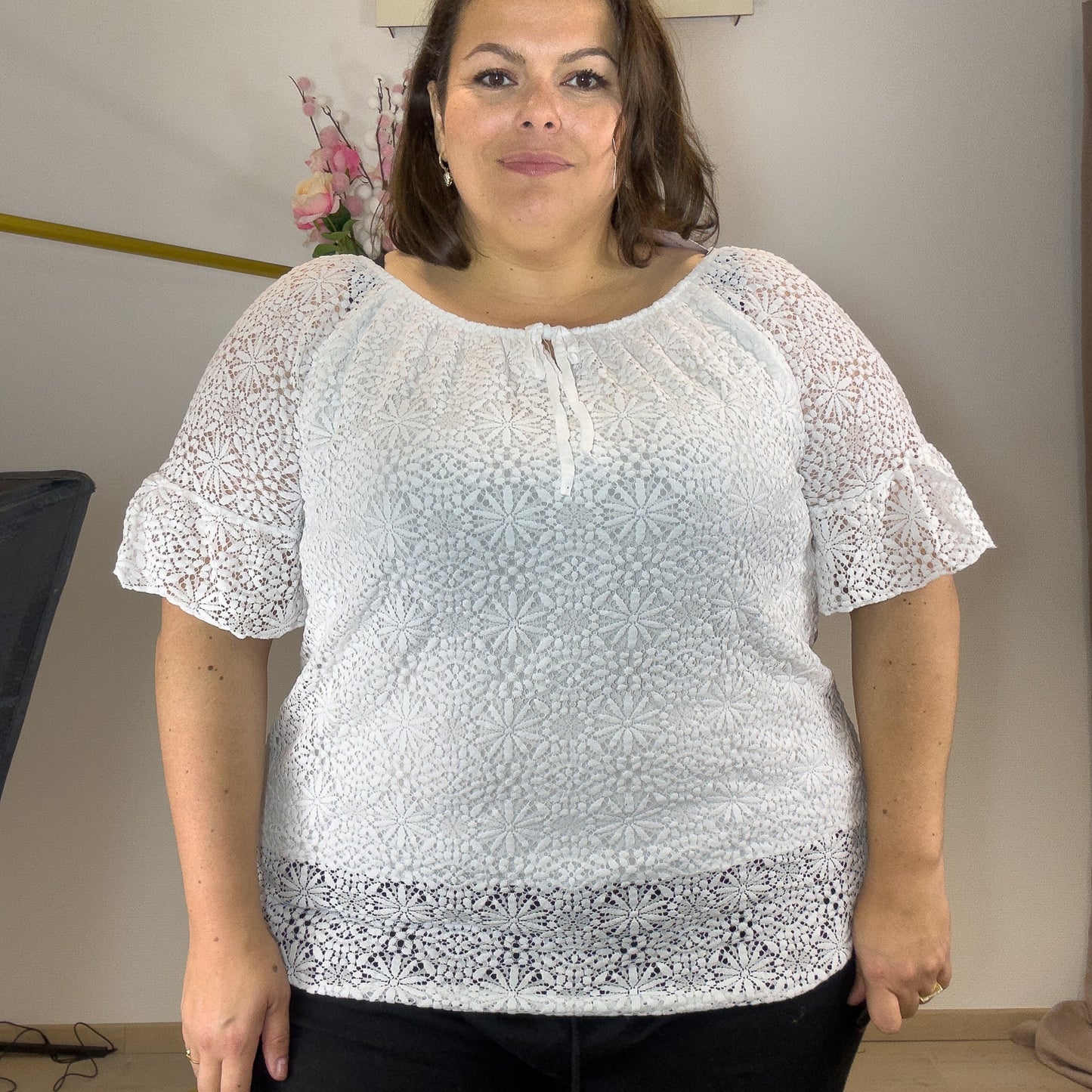 TOP ENCOLURE BARDOT DENTELLE BLANC