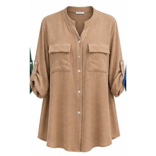 Chemise longue col Mao grande taille beige