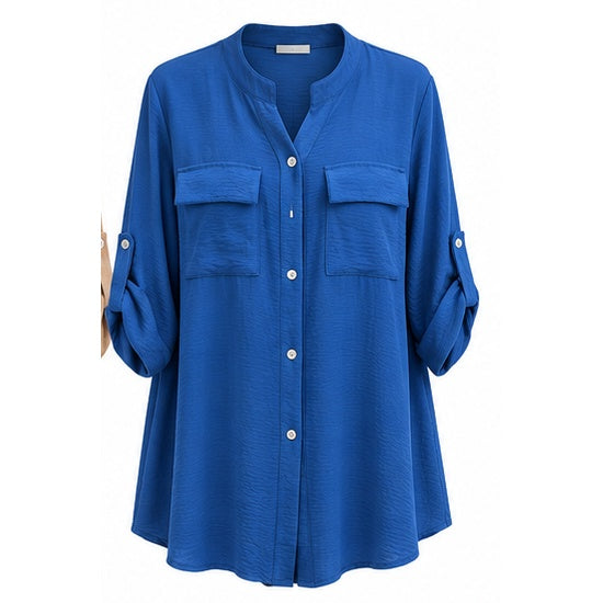 Chemise longue col Mao grande taille bleu roi