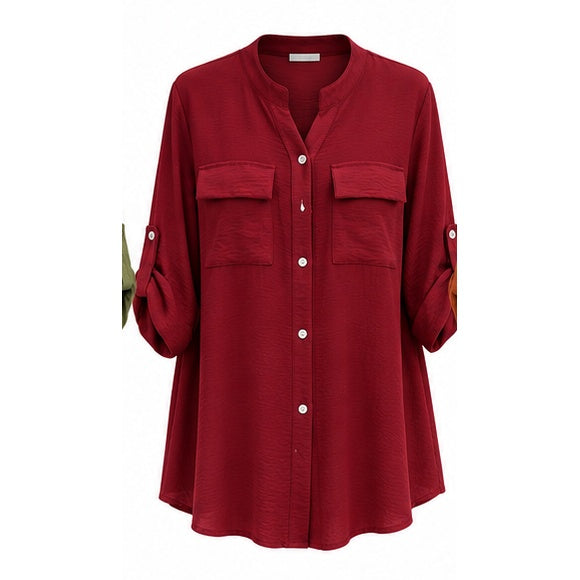 Chemise longue col Mao grande taille framboise
