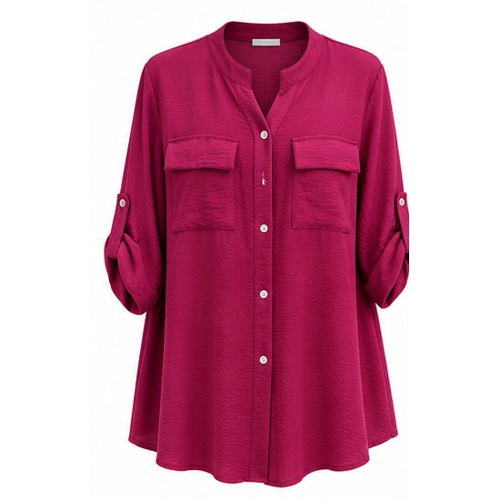Chemise longue col Mao grande taille fuchsia