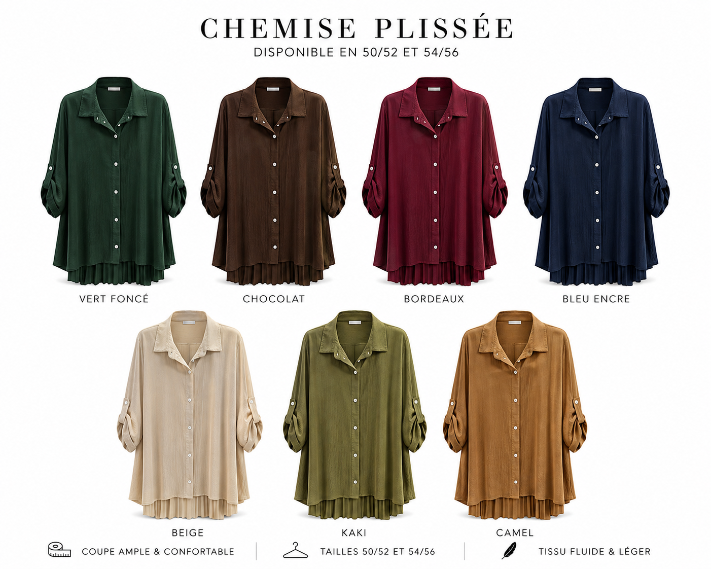 Chemise longue à dos plissé en 7 coloris