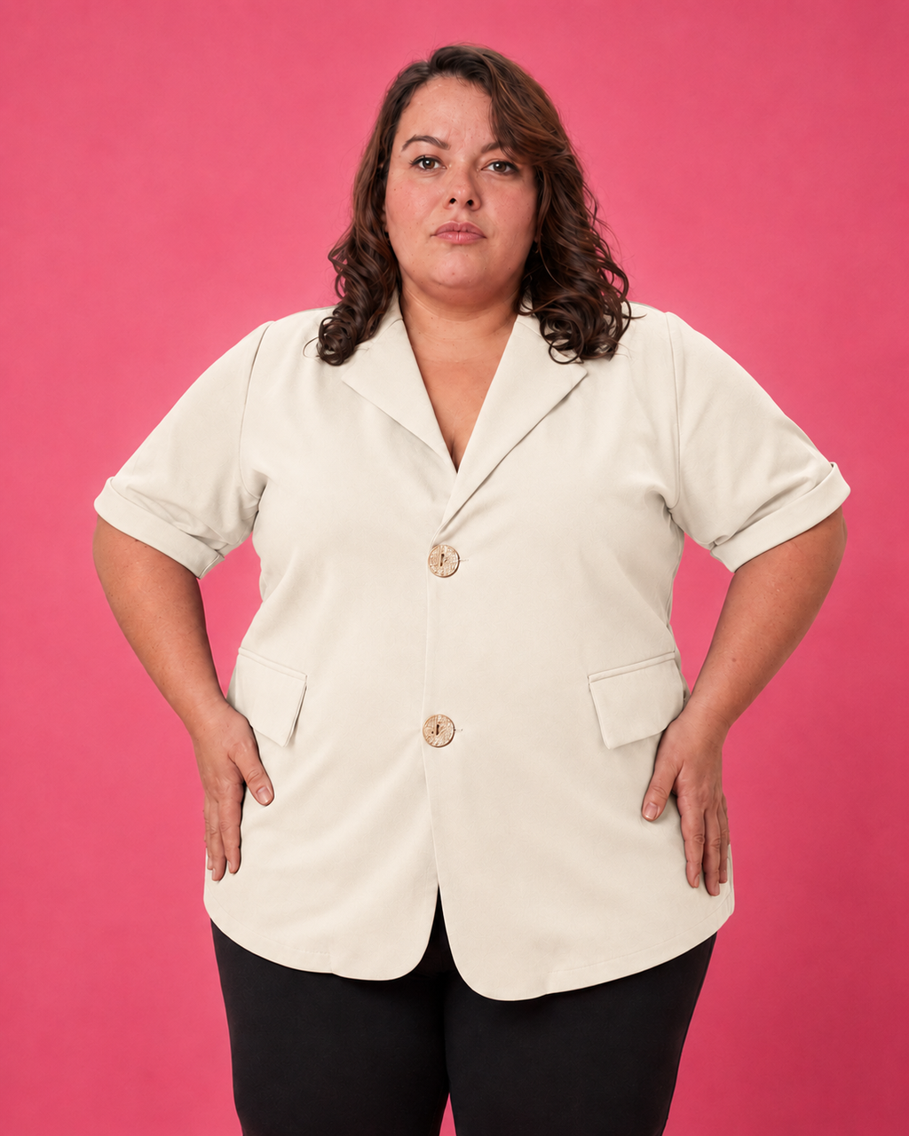 Chemisier fluide écru grande taille porté de face