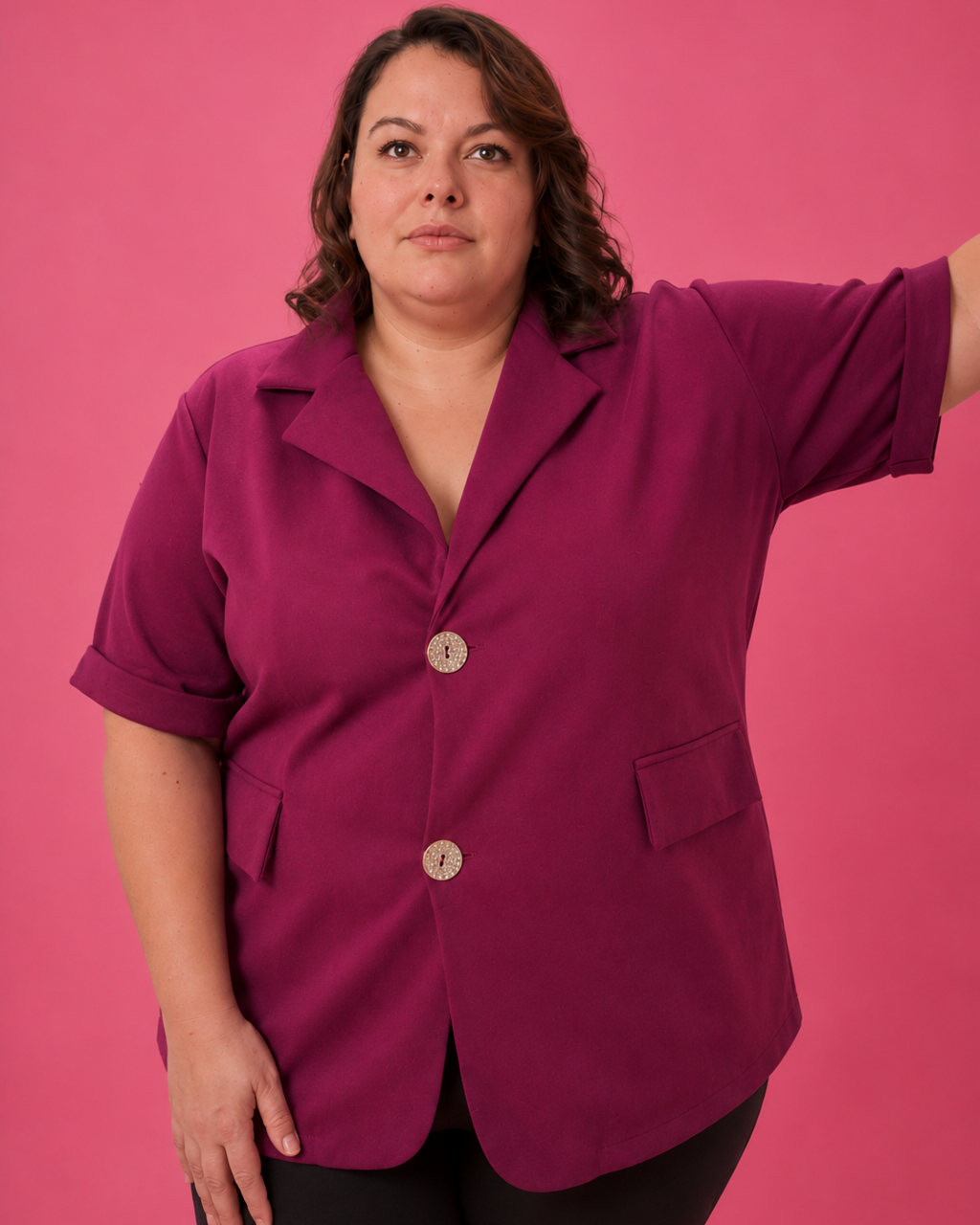 Chemisier fluide fuchsia grande taille détail de la manche courte
