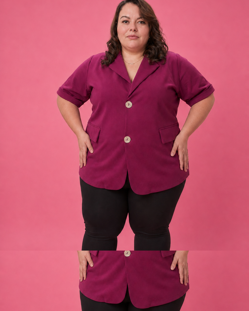 Chemisier fluide fuchsia grande taille porté de face