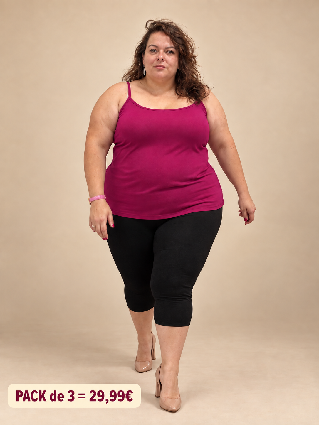 Débardeur fines bretelles Fuchsia grande taille porté, pack de 3