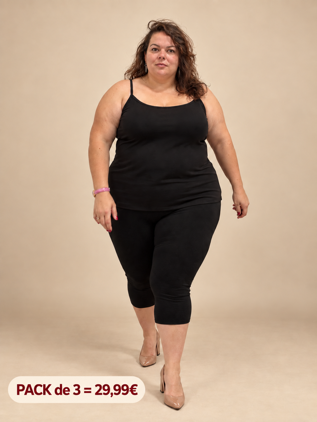 Débardeur fines bretelles Noir grande taille porté, pack de 3
