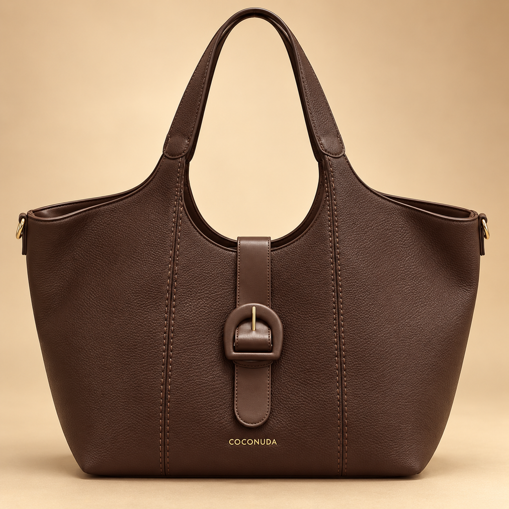 Grand cabas à boucle chocolat sur fond beige doré