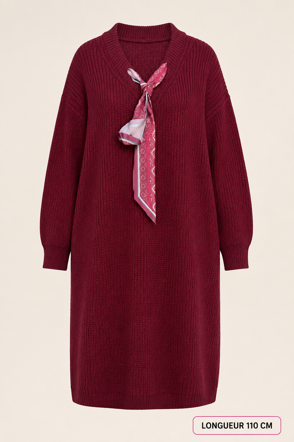 Robe-pull bordeaux avec foulard intégré – longueur 110 cm