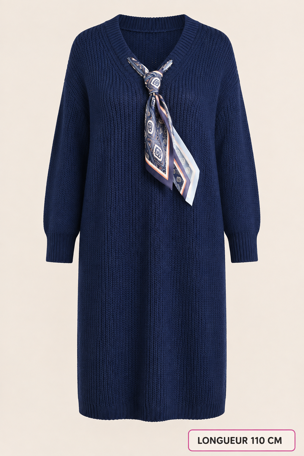 Robe-pull bleu myrtille avec foulard intégré – longueur 110 cm