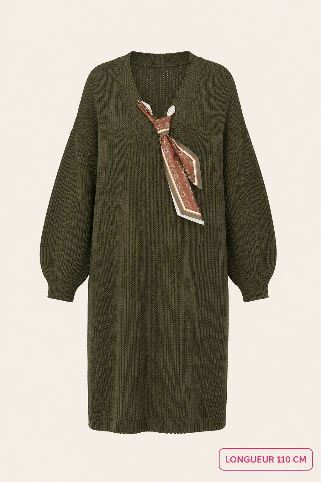 Robe-pull olive avec foulard intégré – longueur 110 cm