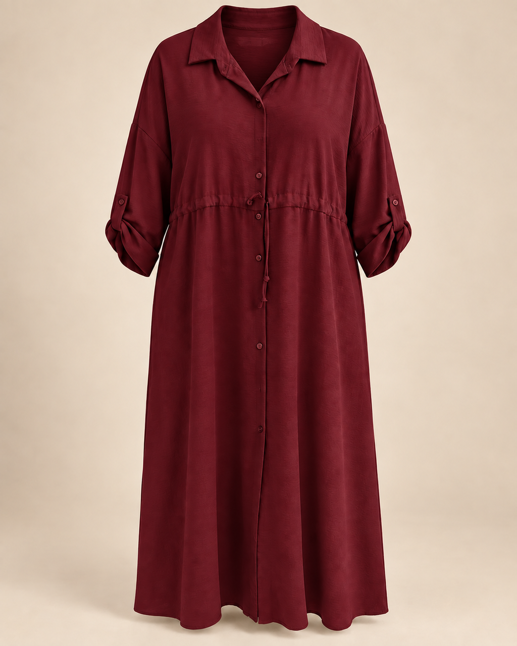 Robe-chemise longue bordeaux, packshot mannequin invisible grande taille