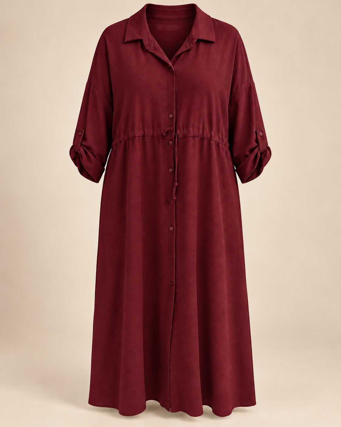 Robe-chemise longue bordeaux, packshot mannequin invisible grande taille