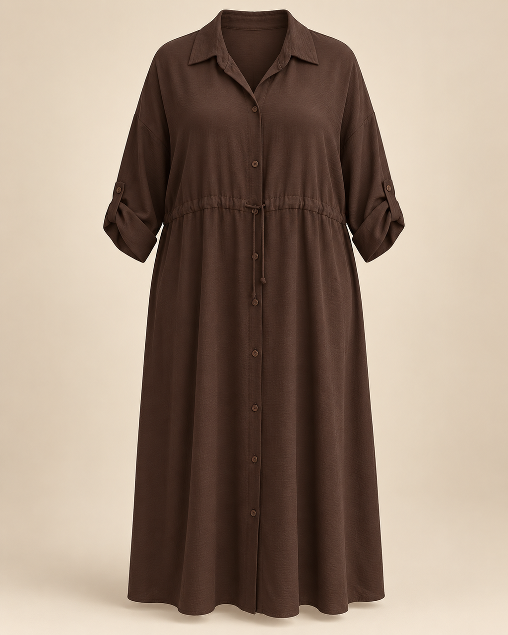 Robe-chemise longue chocolat, packshot mannequin invisible grande taille