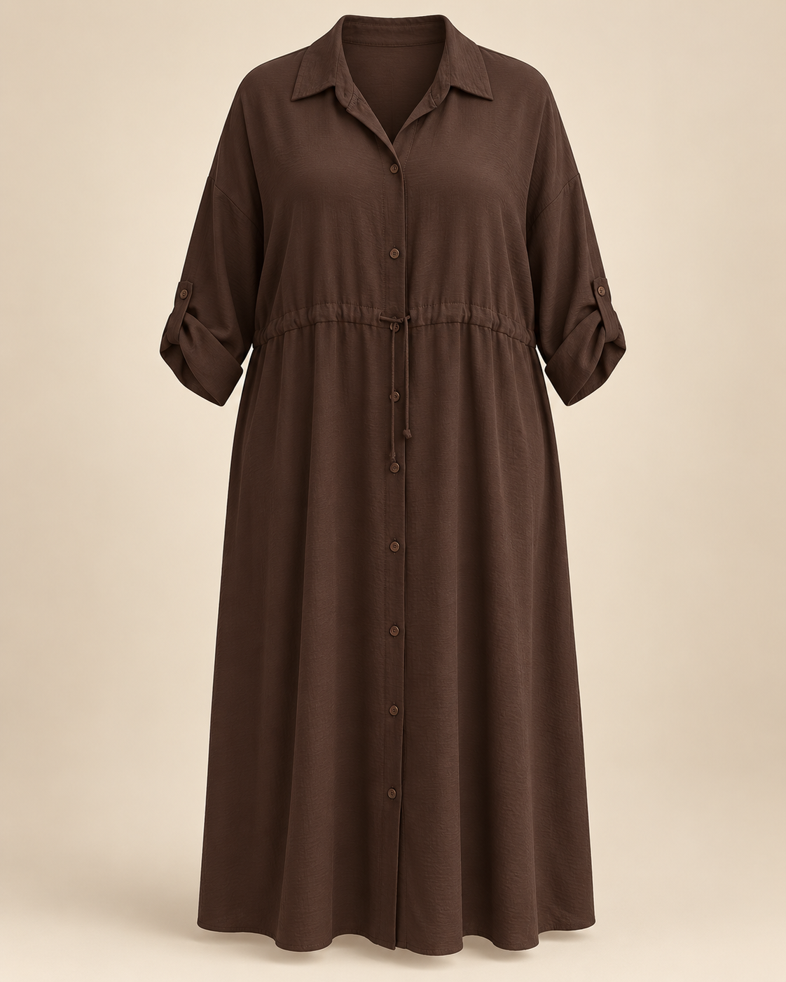 Robe-chemise longue chocolat, packshot mannequin invisible grande taille