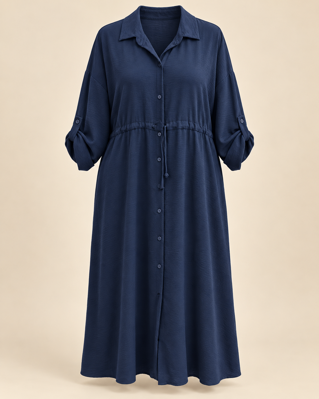Robe-chemise longue marine, packshot mannequin invisible grande taille