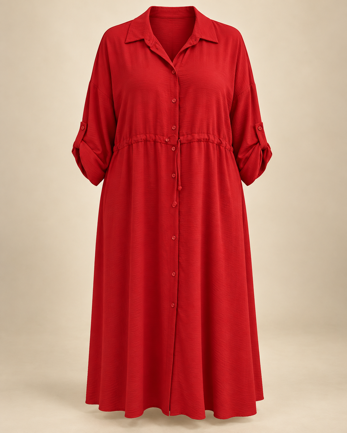Robe-chemise longue rouge, packshot mannequin invisible grande taille