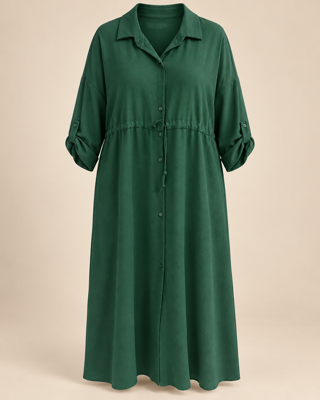 Robe-chemise longue vert sapin, packshot mannequin invisible grande taille