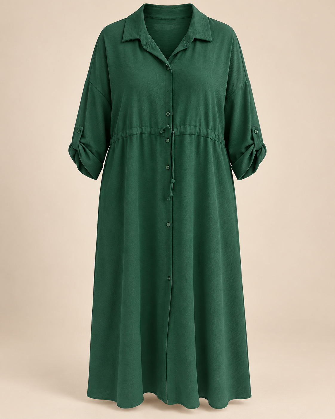 Robe-chemise longue vert sapin, packshot mannequin invisible grande taille