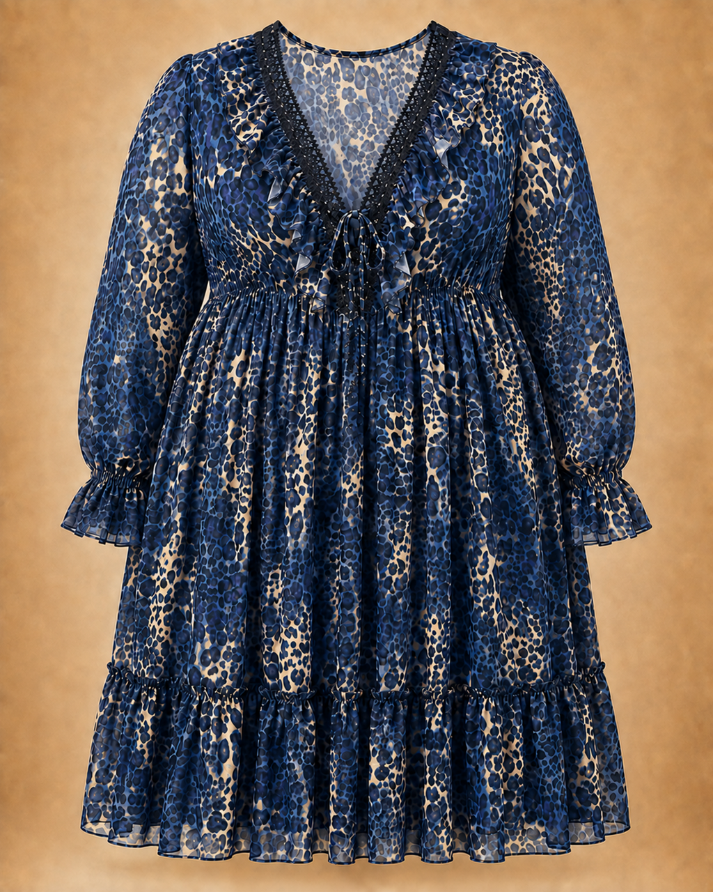 Robe léopard bleu grande taille à dentelle et laçage effet corset
