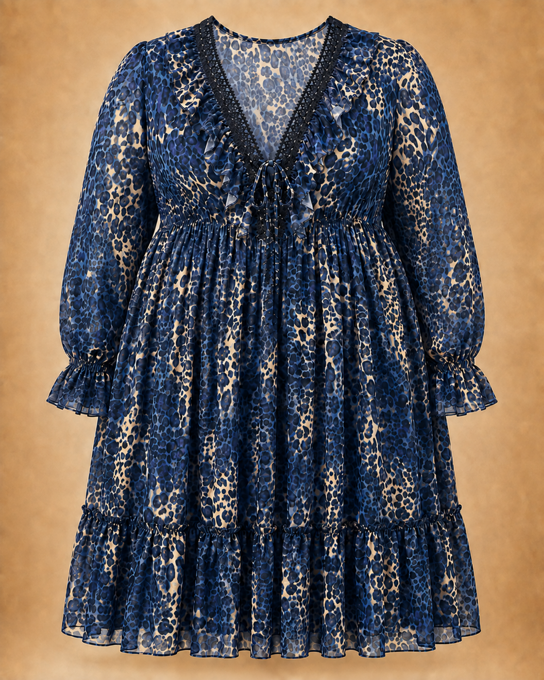 Robe léopard bleu grande taille à dentelle et laçage effet corset