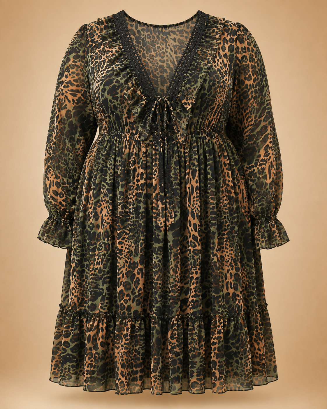 Robe léopard vert olive grande taille à dentelle et laçage effet corset