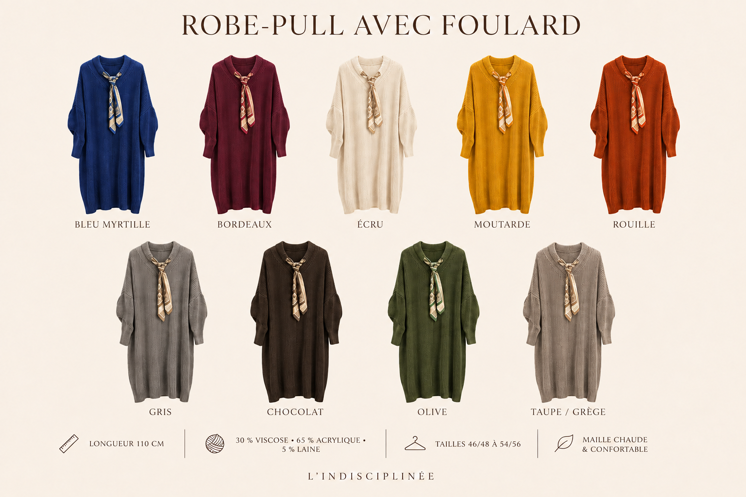 Robe-pull avec foulard en 9 coloris