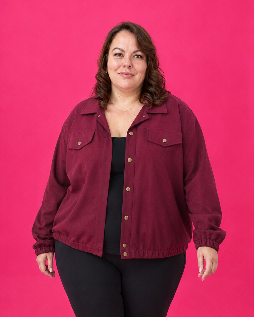 Veste bomber bordeaux grande taille portée de face
